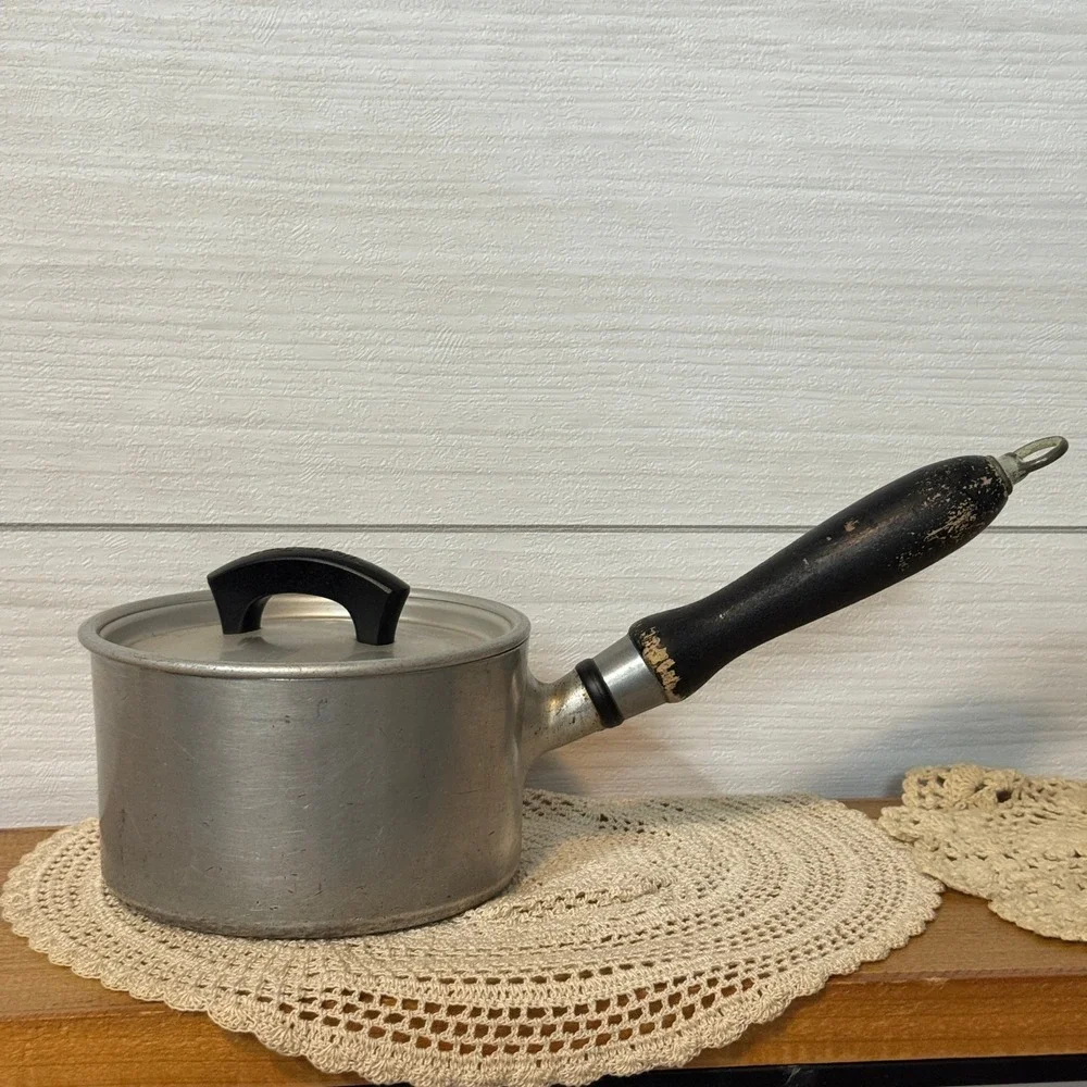 Vintage Wear-Ever No 701 Aluminum Saucepan with Lid Wood Handle Made in USA MCM